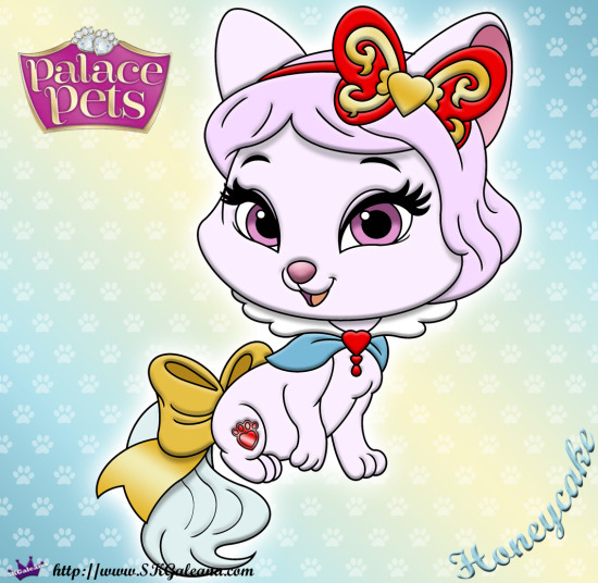 Cartoon kitten Honeycake with lavender fur, yellow bow, and heart tiara on a pastel background