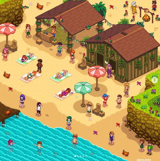 Pixel art beach resort with huts, umbrellas, people relaxing on sand and in water