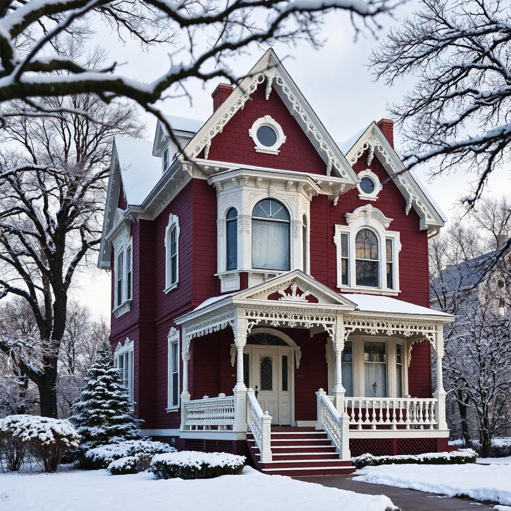 Red Victorian house with white gingerbread trim covered in snow