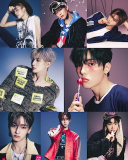 Collage of eight male K-pop idols from WHIB in various stylish outfits and poses