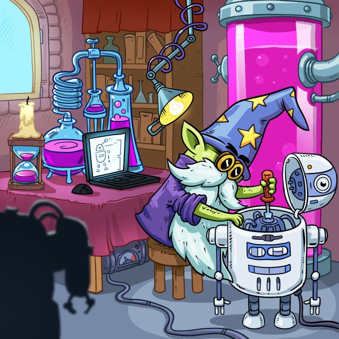Cartoon fox wizard operating a bubbling machine in a colorful magic laboratory