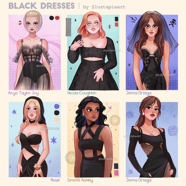 Six cartoon-style illustrations of celebrities in black dresses arranged in a 2x3 grid with pastel backgrounds