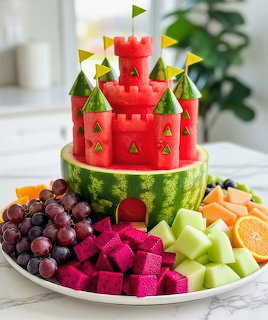 Carved watermelon castle on a plate with grapes, dragon fruit, melon cubes, and orange slices