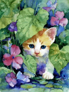 Kitten Among Flowers Watercolor