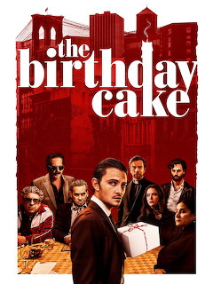 The Birthday Cake movie poster with cast members arranged around central figure holding box against red city silhouette
