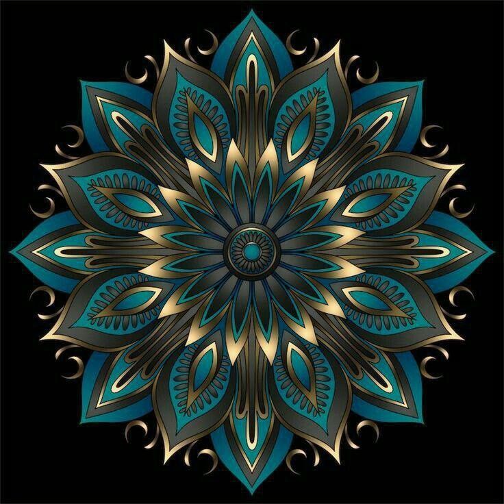 Teal and gold mandala with layered petal shapes on a black background