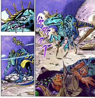 Comic illustration of a blue dinosaur-like monster attacking two armored men in split panels