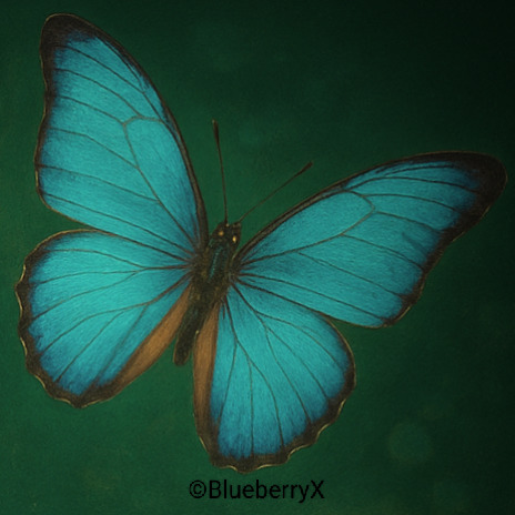 Blue morpho butterfly with spread wings on a dark green background