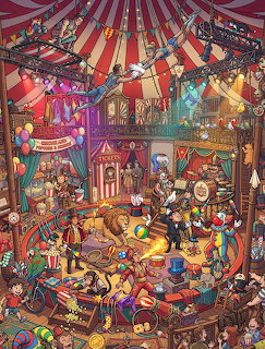 Colorful illustrated circus interior with striped tent, performers, animals, and carnival attractions