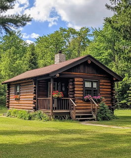 Log cabin with porch and flower boxes on green lawn surrounded by trees