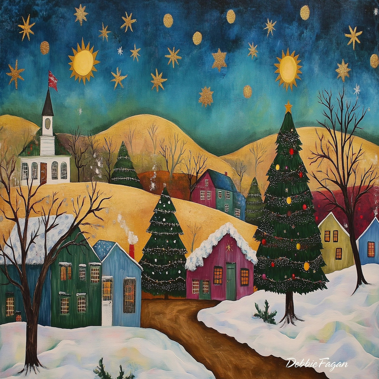 Folk art painting of winter village with golden hills, colorful houses, evergreen trees, and decorative stars in blue sky
