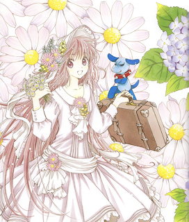 Anime girl in white dress holding flowers, surrounded by daisies and blue butterflies in a pastel floral scene