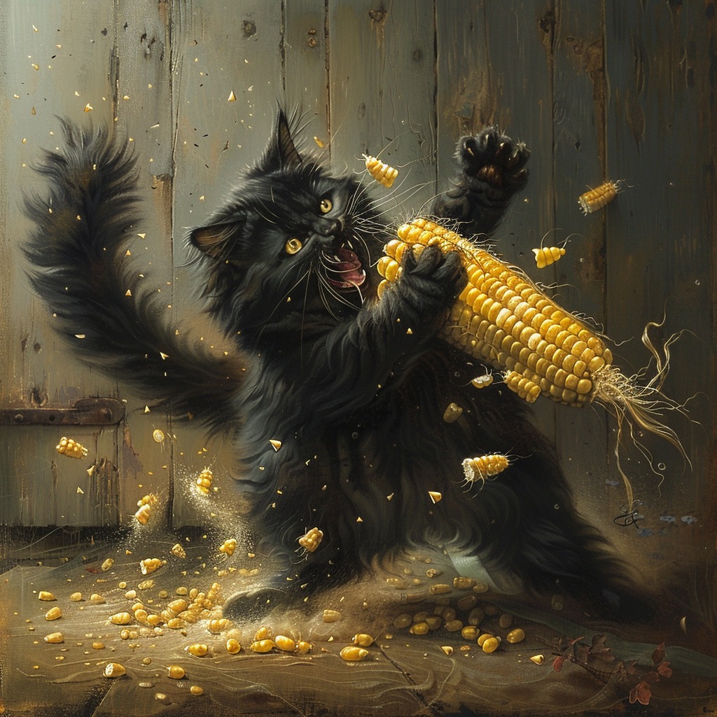 Fluffy black cat with wide eyes swatting at an ear of corn with kernels scattering everywhere