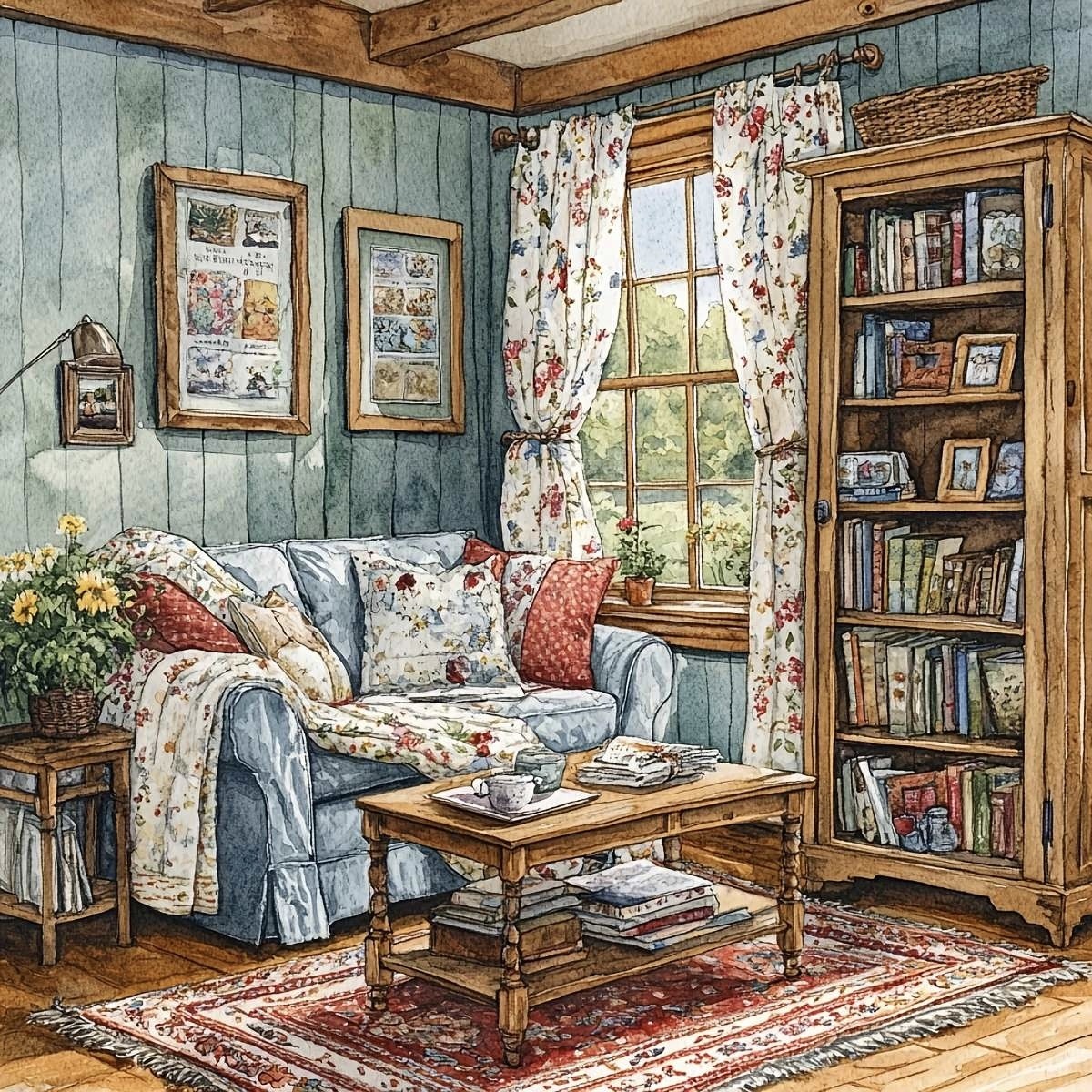 Watercolor illustration of a cozy country living room with a white cat on a floral armchair and rustic wooden furniture