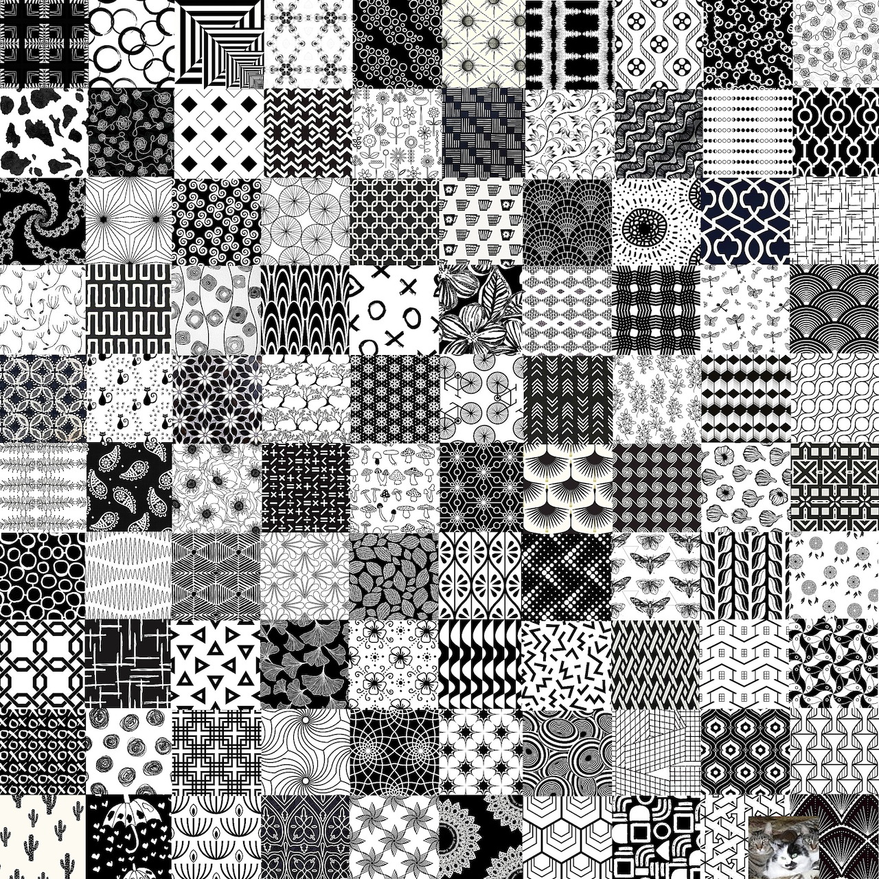 Grid of 100 black and white geometric pattern squares arranged in patchwork quilt style