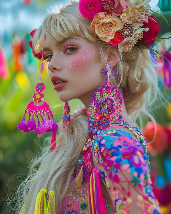 Blonde woman with floral headpiece, colorful bohemian outfit, and pink tassel earrings outdoors