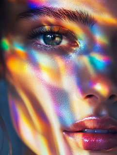 Woman's face with colorful rainbow light reflections creating prismatic patterns on her skin