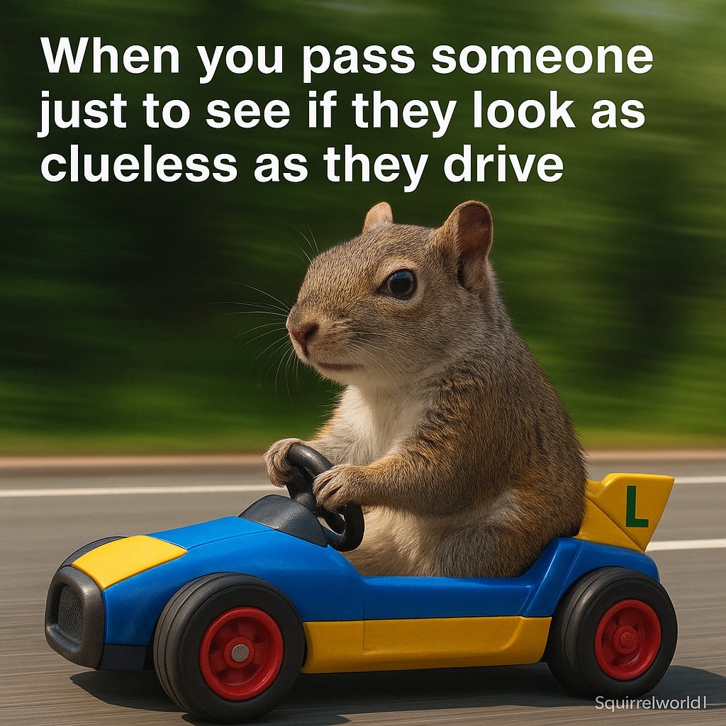 Squirrel driving a blue and yellow go-kart with a funny caption above