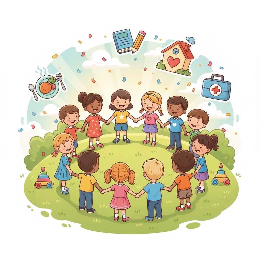 Cartoon children holding hands in a circle on grass with school and health icons above