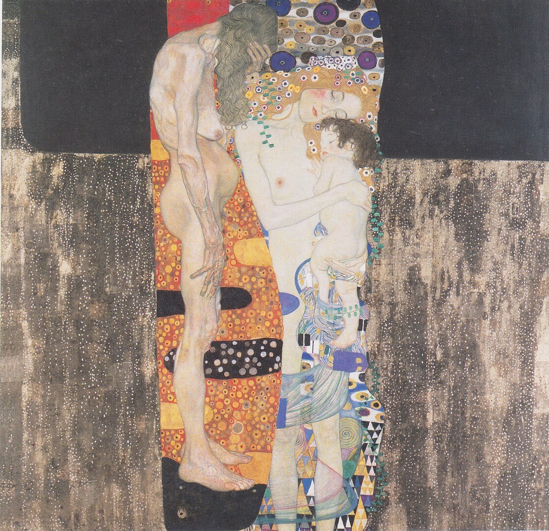 Klimt painting showing three women in decorative robes representing different life stages