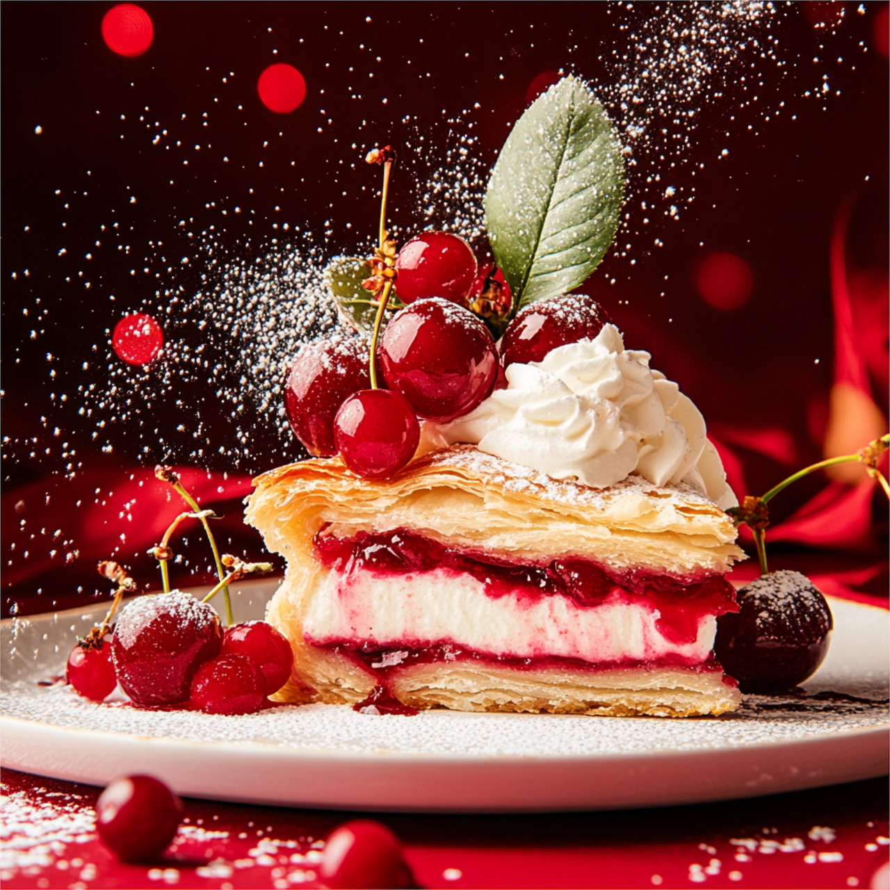 Layered pastry with cream, cherries, and mint leaf, powdered sugar falling