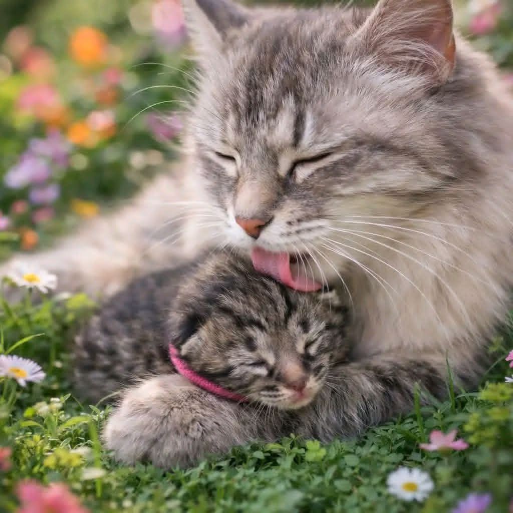Gray cat cuddling tabby kitten in flowering garden