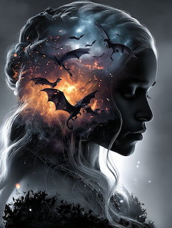 Fantasy portrait of a woman with silver hair, silhouette filled with dragons, fire, and dark sky