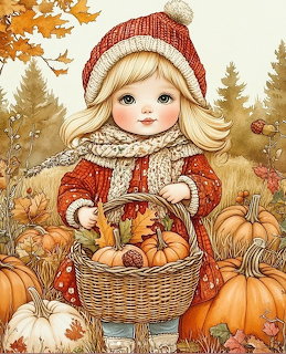Illustrated girl in red knit hat holding basket of pumpkins in autumn harvest scene