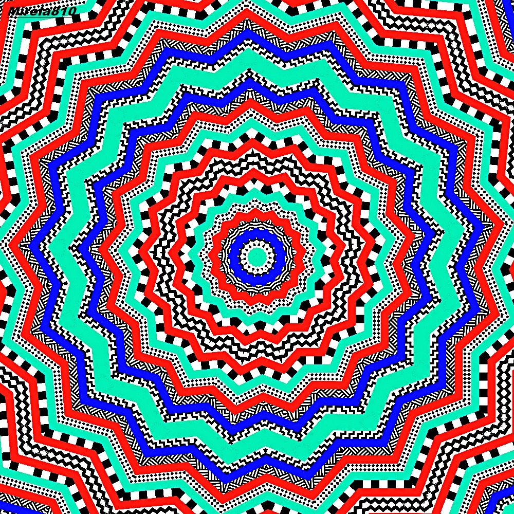 Colorful mandala with concentric zigzag rings radiating from center in red, blue, turquoise, yellow, and white patterns