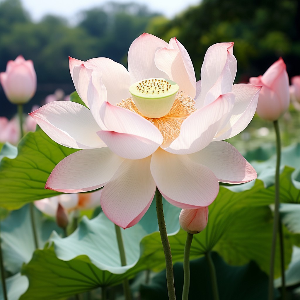 White and pink lotus flower blooming above green lily pads in a pond