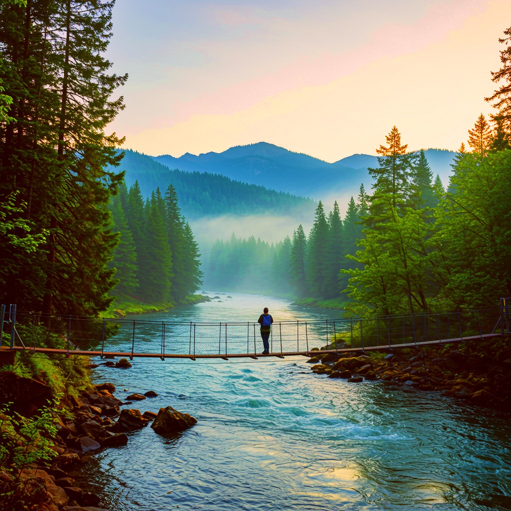 Person on a suspension bridge over a river with pine trees and misty mountains at sunset