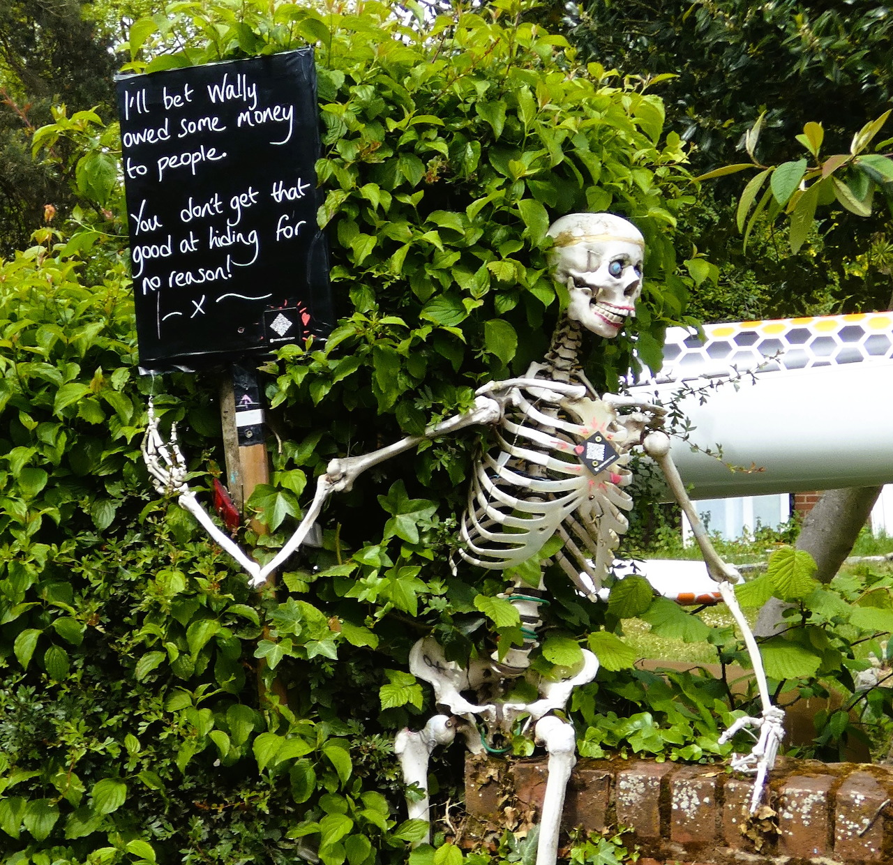 Skeleton holding open book with text against green hedge and brick wall