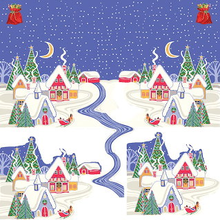 Illustrated Christmas village with snow-covered houses, pine trees, sleighs, and night sky with moon and stars