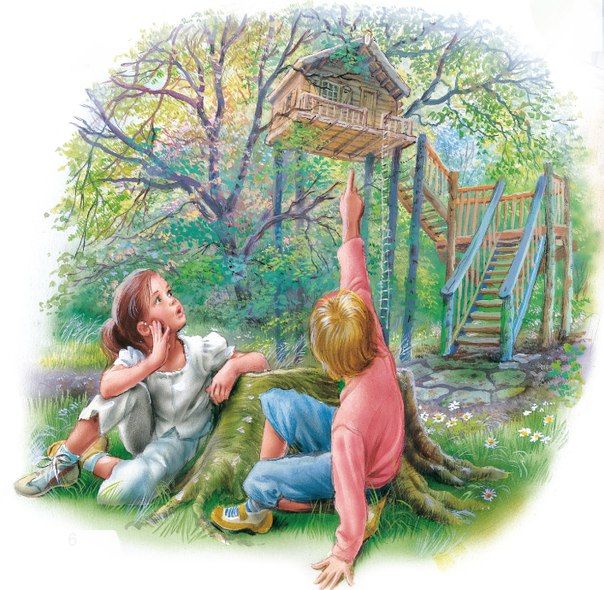 Family sitting on grass near wooden treehouse in garden setting