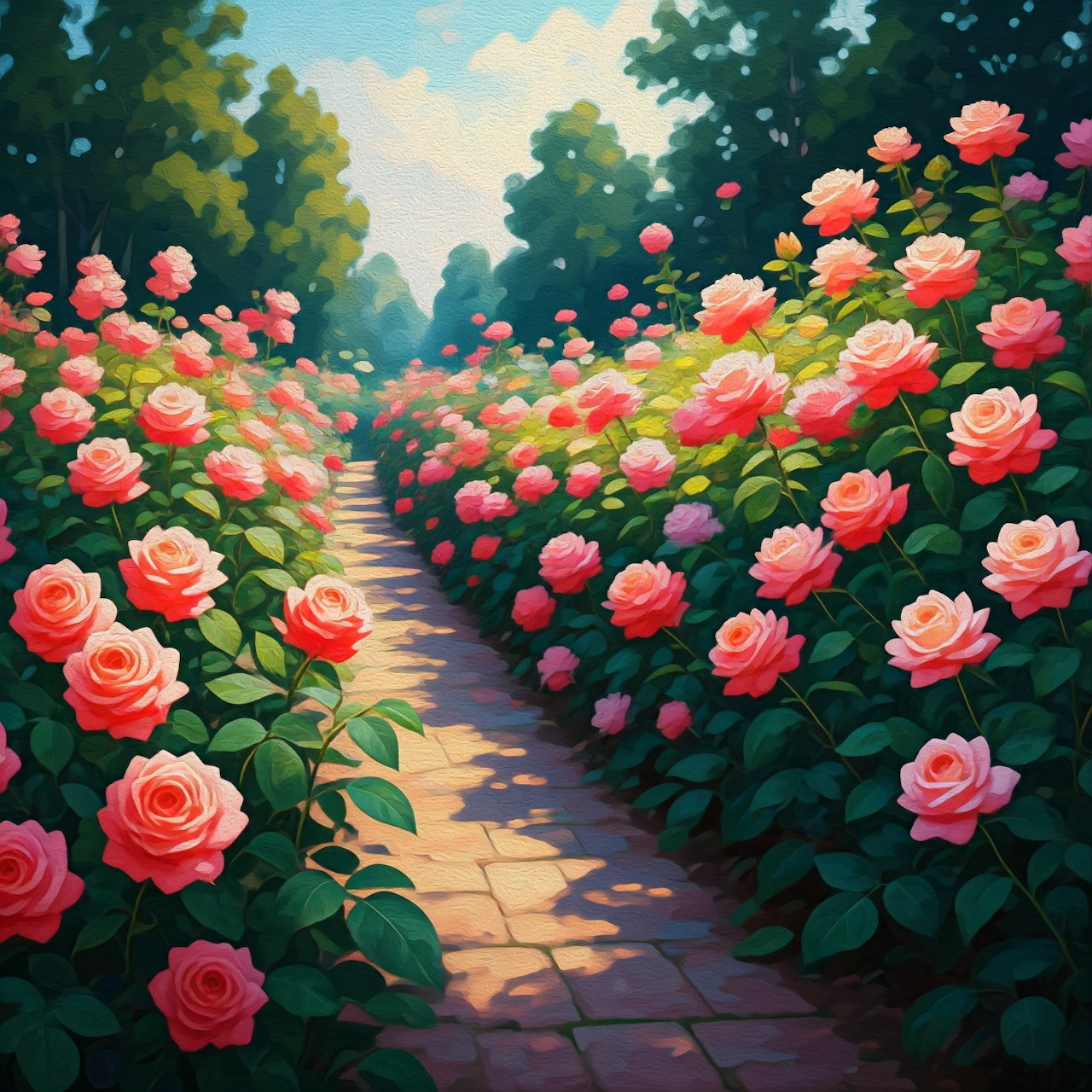 Painted garden path lined with blooming pink and coral rose bushes