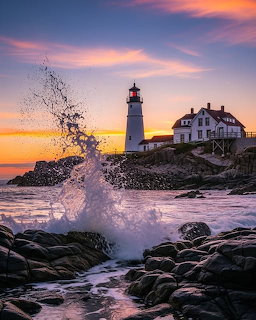 White lighthouse on rocky coastline at sunset with wave splash and orange-purple sky