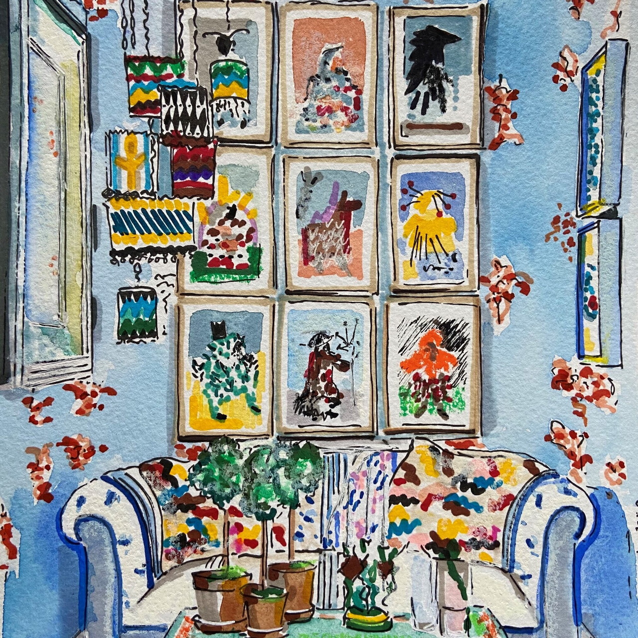 Watercolor interior showing blue sofa beneath gallery wall with multiple framed artworks and flowering branches