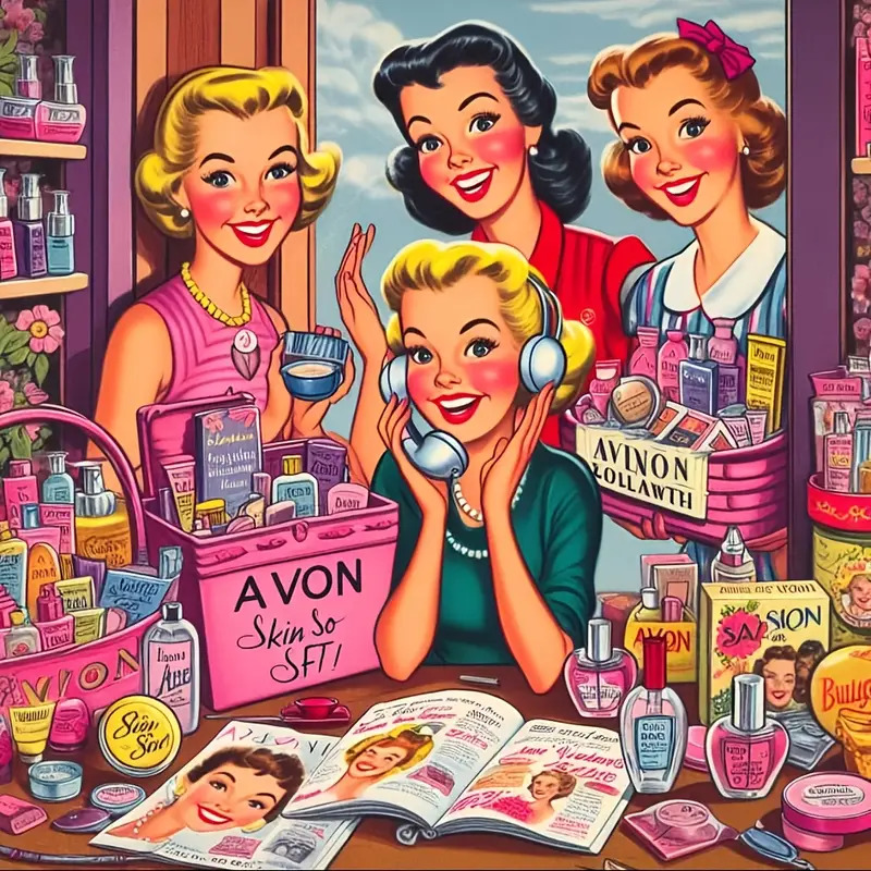 Four cheerful women in 1950s style presenting Avon beauty products and cosmetics