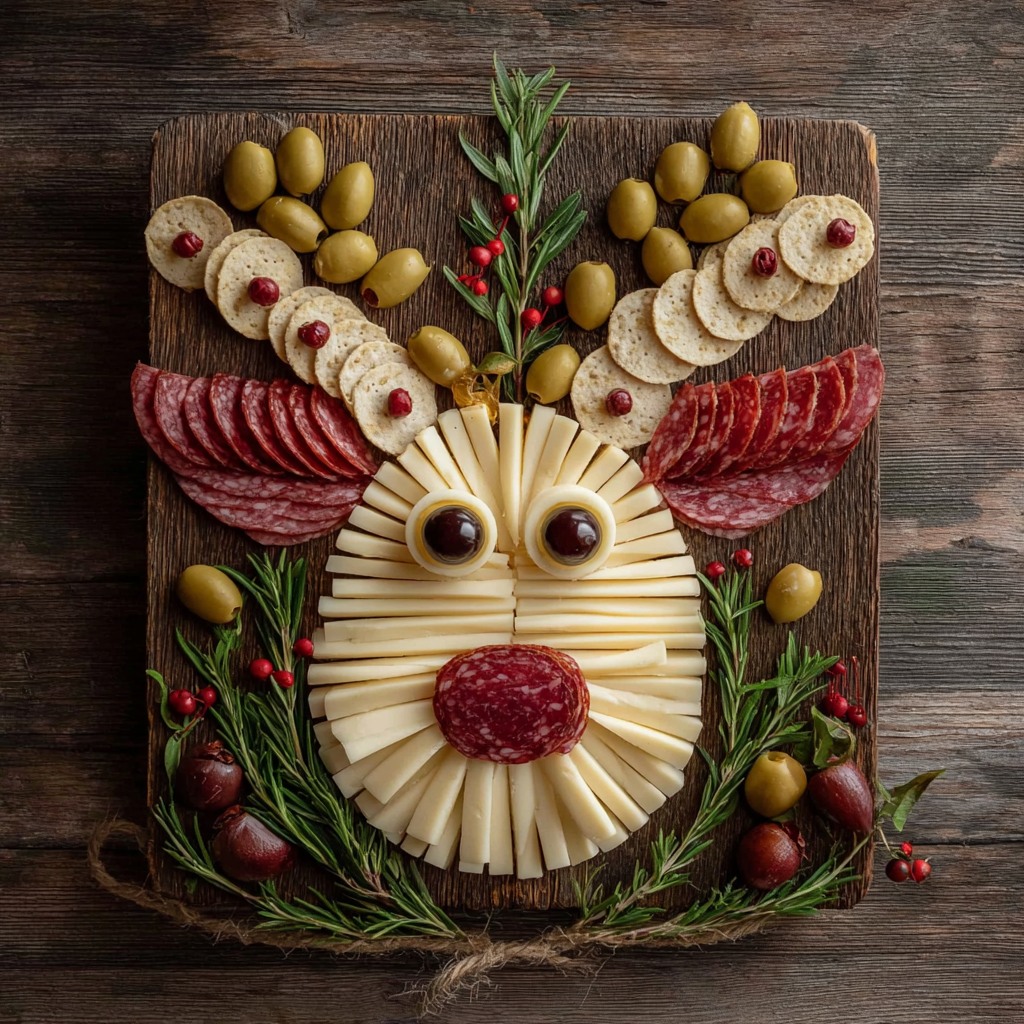 Reindeer face made from cheese slices, salami, olives and herbs on wooden cutting board