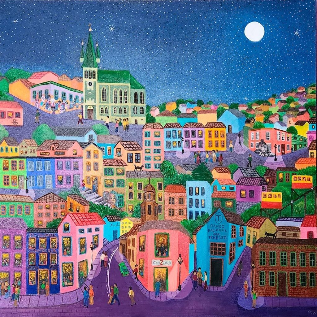 Naive folk art painting of colorful hillside houses and church under starry night sky in Valparaiso