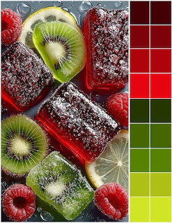 Red popsicles with powdered sugar surrounded by raspberries, kiwi slices, and lemon with water droplets