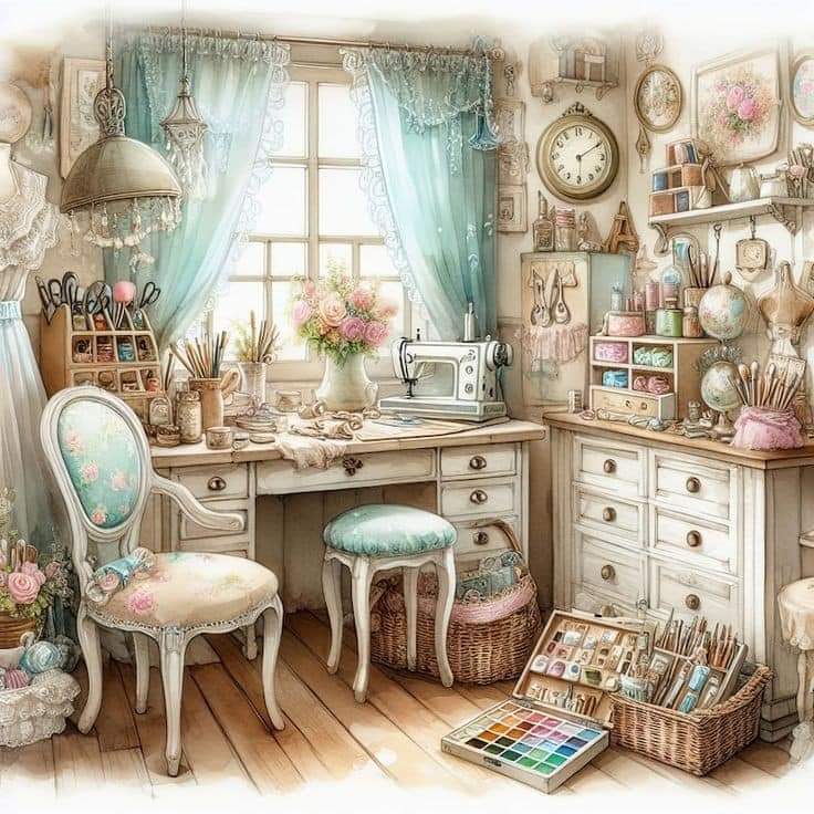 Cozy vintage cottage art studio with white desk, turquoise chair, shelves, flowers, and art supplies