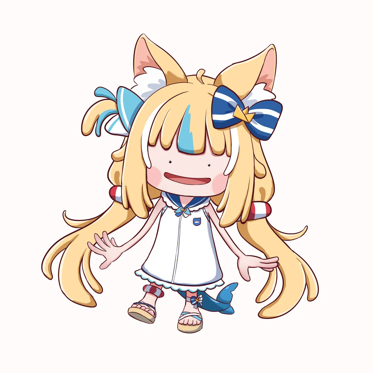 Chibi anime girl with blonde hair, blue bow, and a small blue fish on a white background