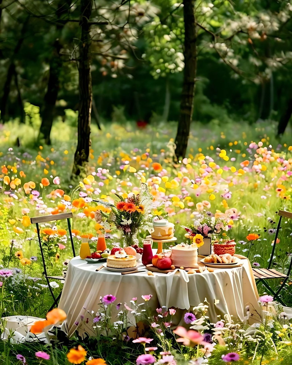 Table with cake and flowers set in a lush wildflower meadow surrounded by trees