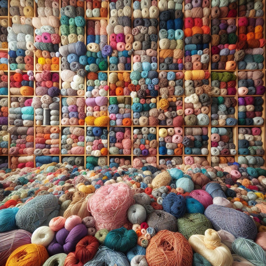 Shelving unit filled with multicolored yarn balls and skeins, with yarn scattered on floor