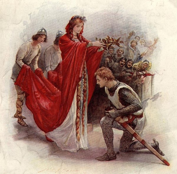 Medieval lady in a red dress facing a kneeling knight in a vintage-style painting