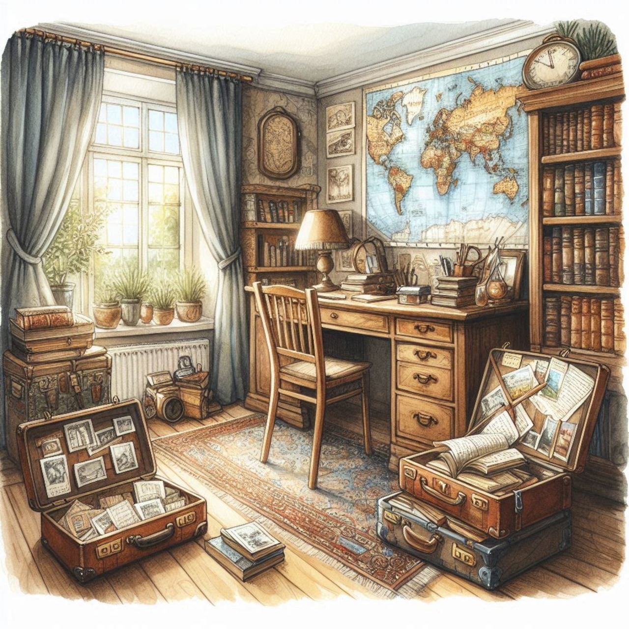 Vintage travel-themed room with desk, world map, bookshelves, suitcases, and framed photos