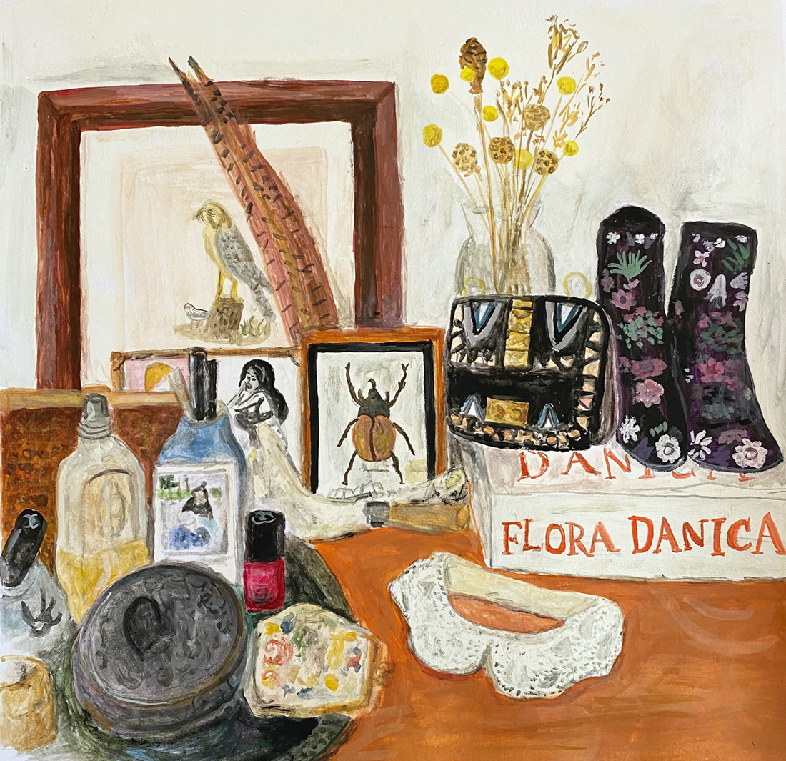 Still life with framed bird illustration, insect specimens, floral boots, bottles, and dried flowers on table