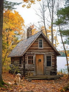 Wooden cabin surrounded by tall forest trees