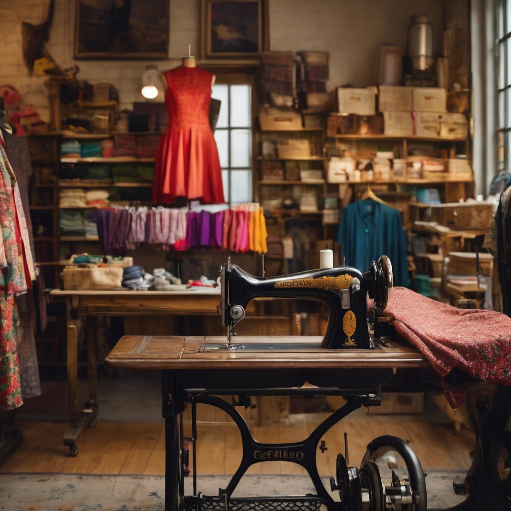 Vintage black sewing machine on wooden table in cluttered tailoring workshop with fabric and dress form